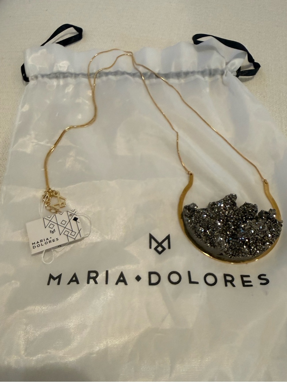 Gold Necklace with Gray Druzy Crescent Pendant